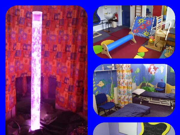 Collage of Tiny Tim’s therapy rooms, including a sensory room with a bubble tube